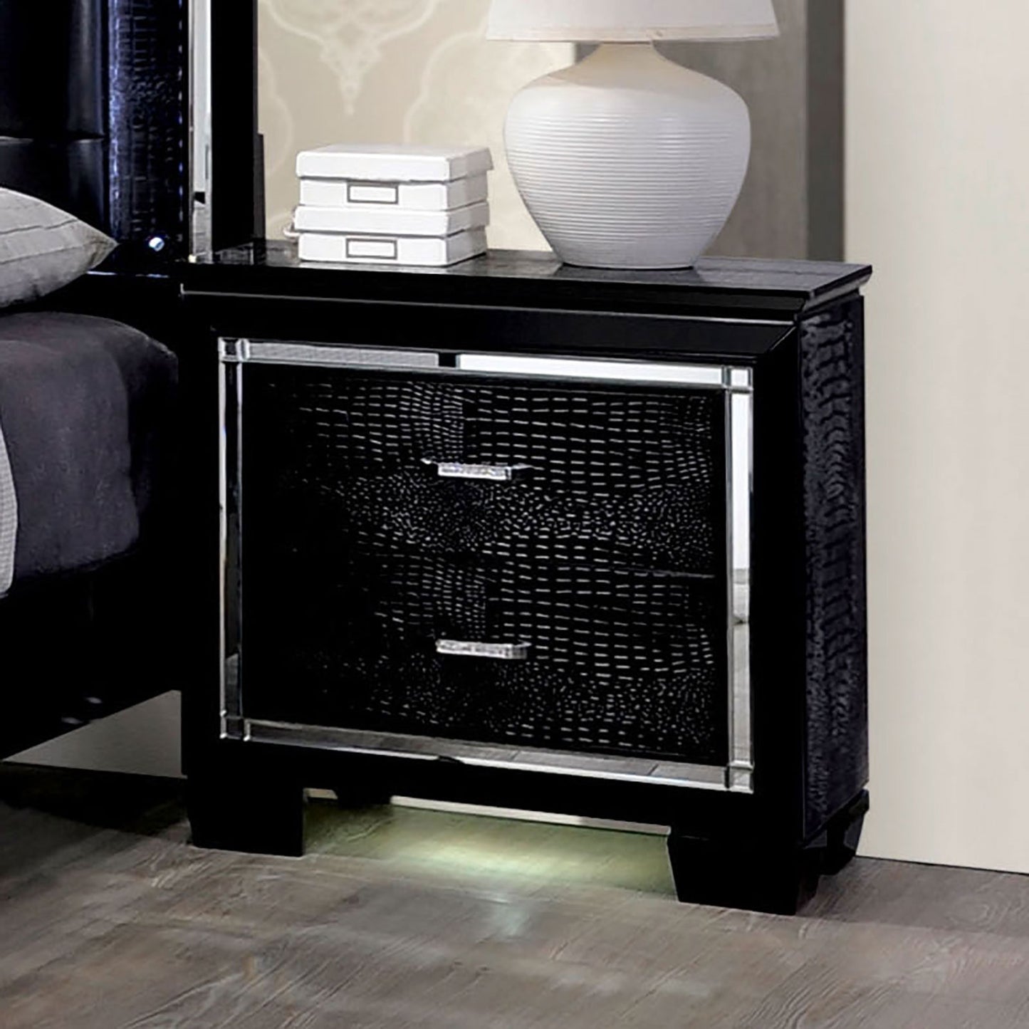 Contemporary 1pc Nightstand Black Bedside Table LED Light English Dovetail Drawer Bedroom Furniture