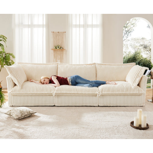 3-Seater Slipcovered Sofa with Deep Cushions, Removable Covers, Convertible Sofa - Corduroy Fabric Cream