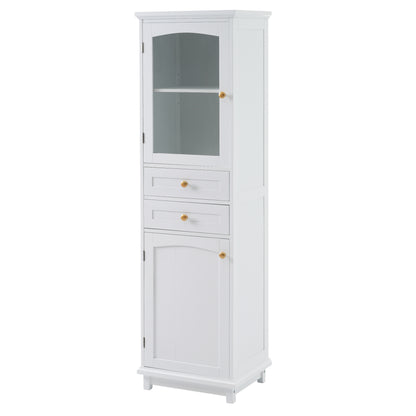 Elegant 63" Tall White Bathroom Storage Cabinet with Glass Doors, Two Drawers, Adjustable Shelves, and Anti-Tipping Design - Perfect for Organizing and Displaying Essentials