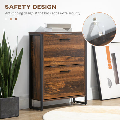 HOMCOM Rustic Brown Slim Shoe Storage Cabinet with 2 Flip Doors, Freestanding Organizer for 12 Pairs, Industrial Style for Entryway and Hallway