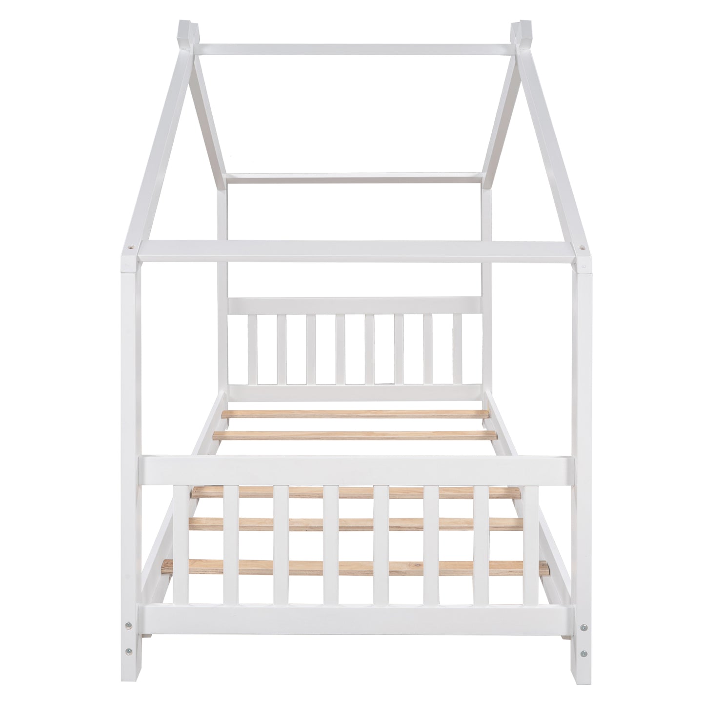 Whimsical Twin House Bed with Roof, Headboard & Footboard - White