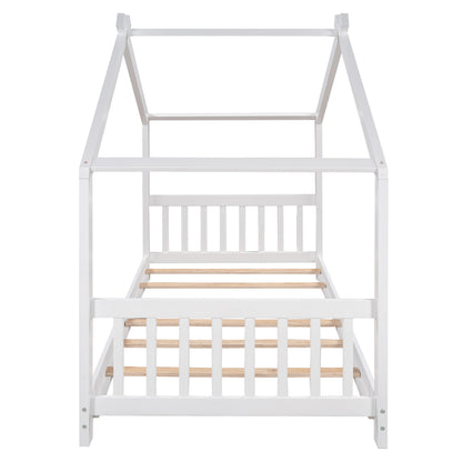 Whimsical Twin House Bed with Roof, Headboard & Footboard - White