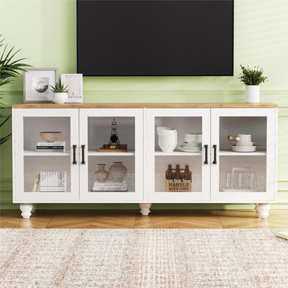 ON-TREND Farmhouse TV Stand with Tempered Glass Doors for TVs Up to 70", Versatile Sideboard with Adjustable Shelves, Elegant Buffet Cabinet with 5 Solid Wood Gourd-Shaped Legs for Living Room, White