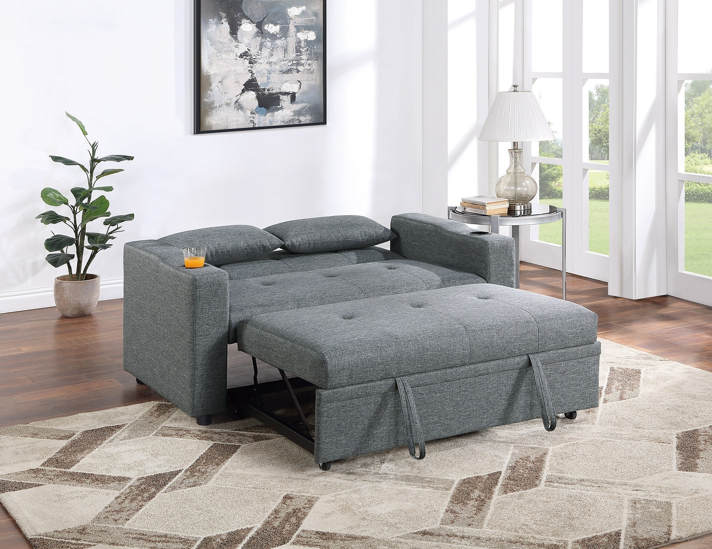 2-Seat Sleeper Sofa with Cup Holders, Tufted Seat, Adjustable Back, Linen-Like Polyfiber Grey-Blue