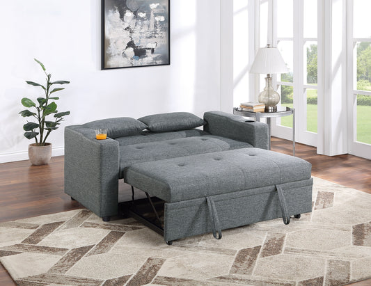 2-Seat Sleeper Sofa with Cup Holders, Tufted Seat, Adjustable Back, Linen-Like Polyfiber Grey-Blue