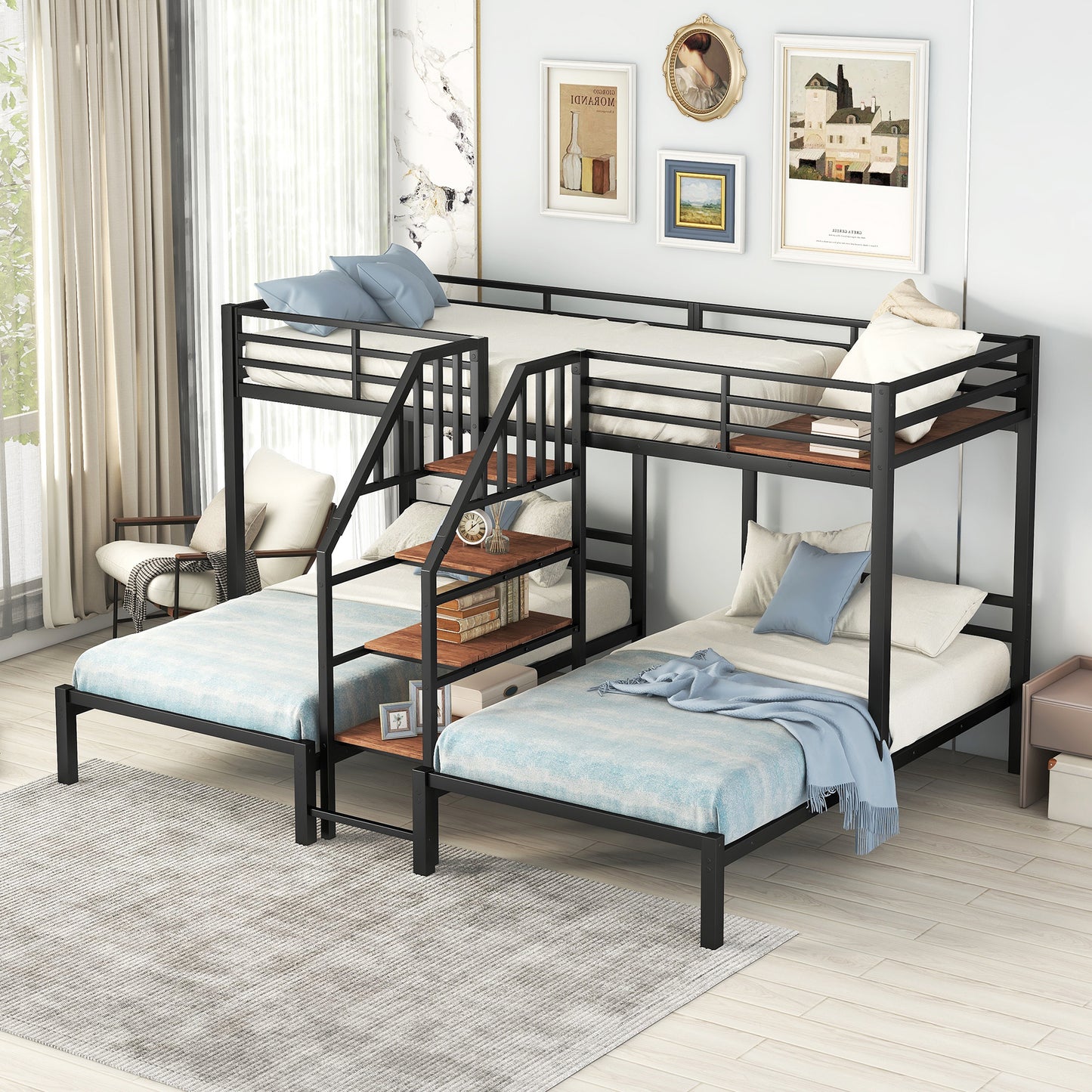 Black Metal Triple Bunk Bed with Storage Shelves and Staircase - Twin Over Twin Configuration