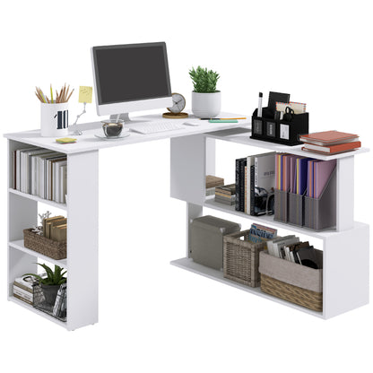 Modern L-Shaped Home Office Desk with 360-Degree Rotation and Storage Shelves, White Writing Table Workstation
