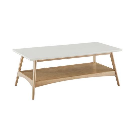 Coffee Table with Storage, 48W x 24D x 17H, Solid Wood Frame, MDF Top, Wood Shelf, Off-White/Natural