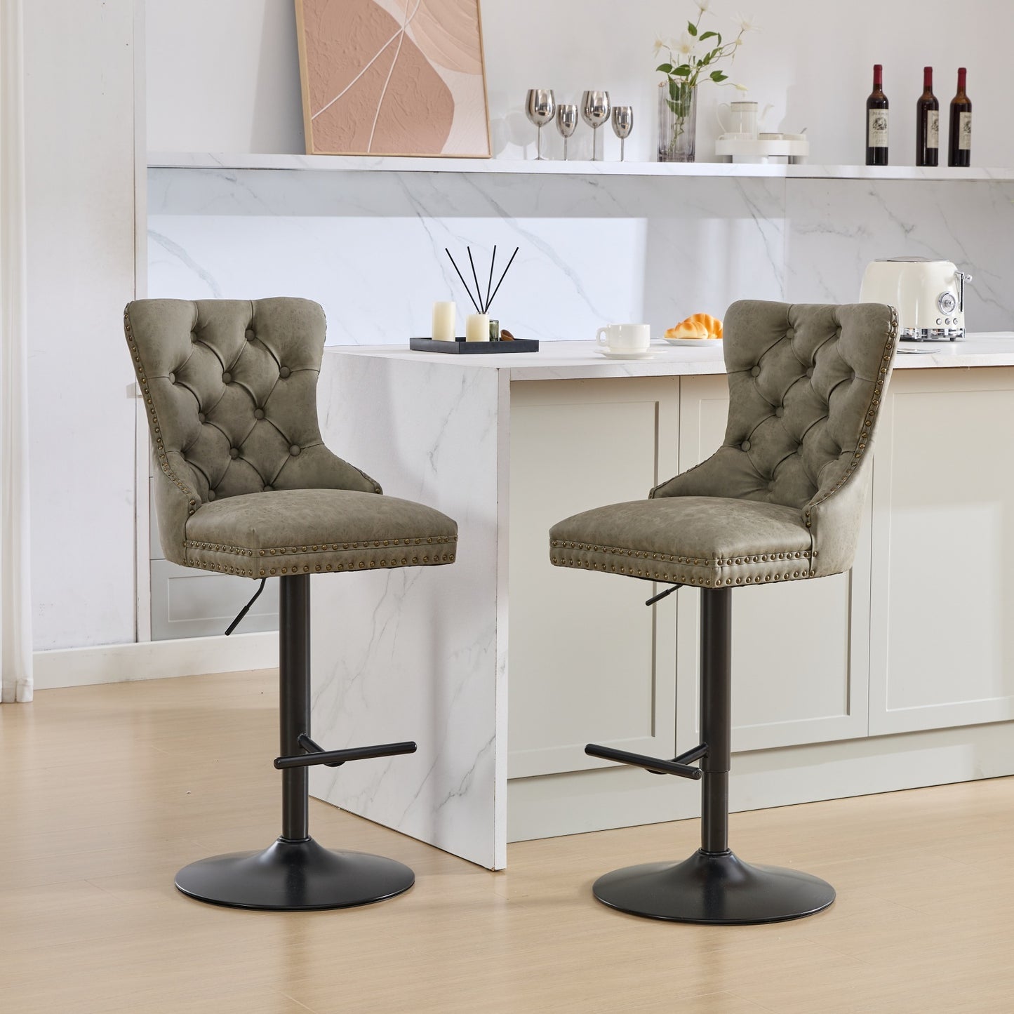 Aged Retro PU Swivel Bar Stools Adjustable Olive Green 2 Pack