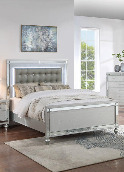 Elegant Silver Tufted Faux Leather Queen Bed with LED Lighting and Mirrored Accents