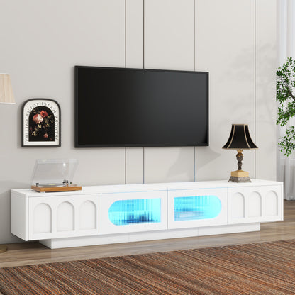 TV Stand for 95-Inch TV with Fluted Tempered Glass Doors, 2 Drawers, 2 Cabinets, App LED Lighting, White