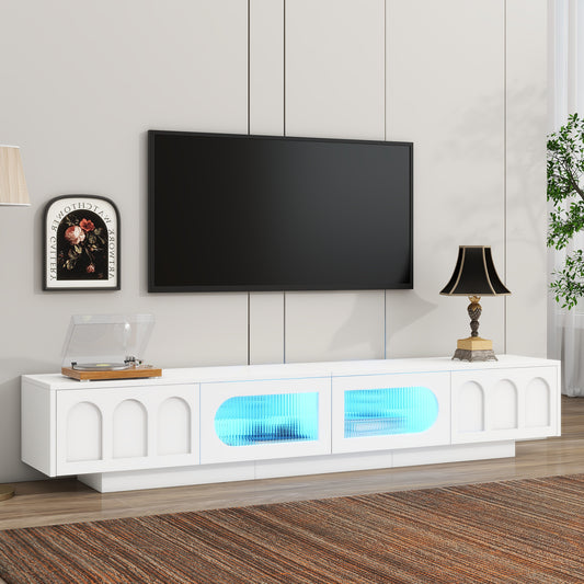 TV Stand for 95-Inch TV with Fluted Tempered Glass Doors, 2 Drawers, 2 Cabinets, App LED Lighting, White