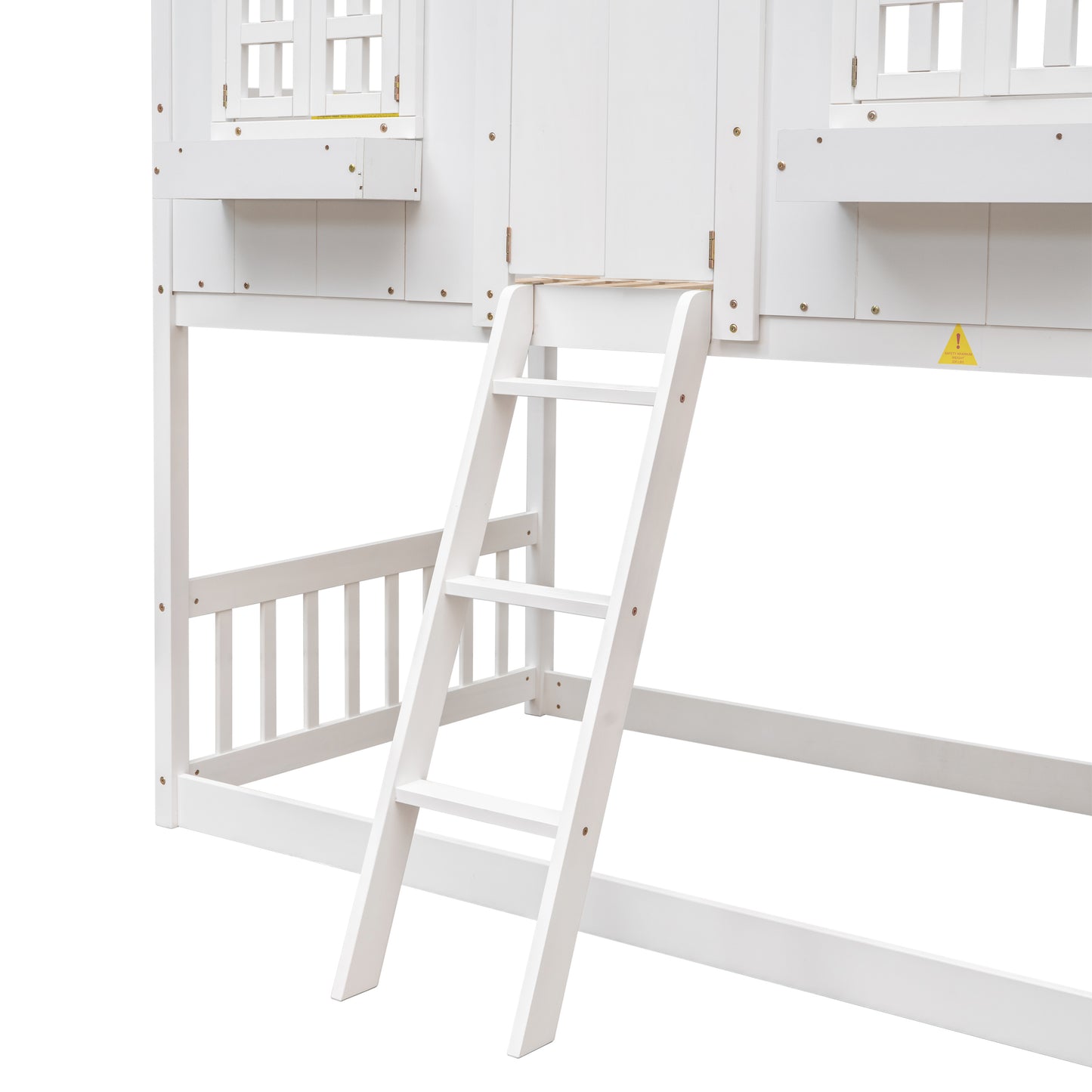 Charming Twin Over Twin House Bunk Bed with Roof and Window Features, Safety Guardrails and Ladder, White