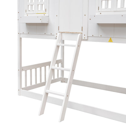Charming Twin Over Twin House Bunk Bed with Roof and Window Features, Safety Guardrails and Ladder, White