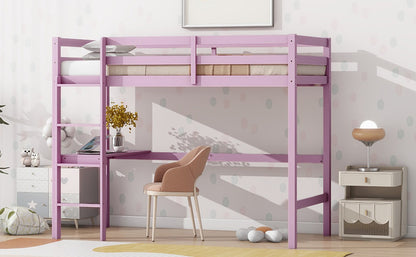 Pink Twin High Loft Bed with Built-in Desk and Safety Guardrails - Rubber Wood Design