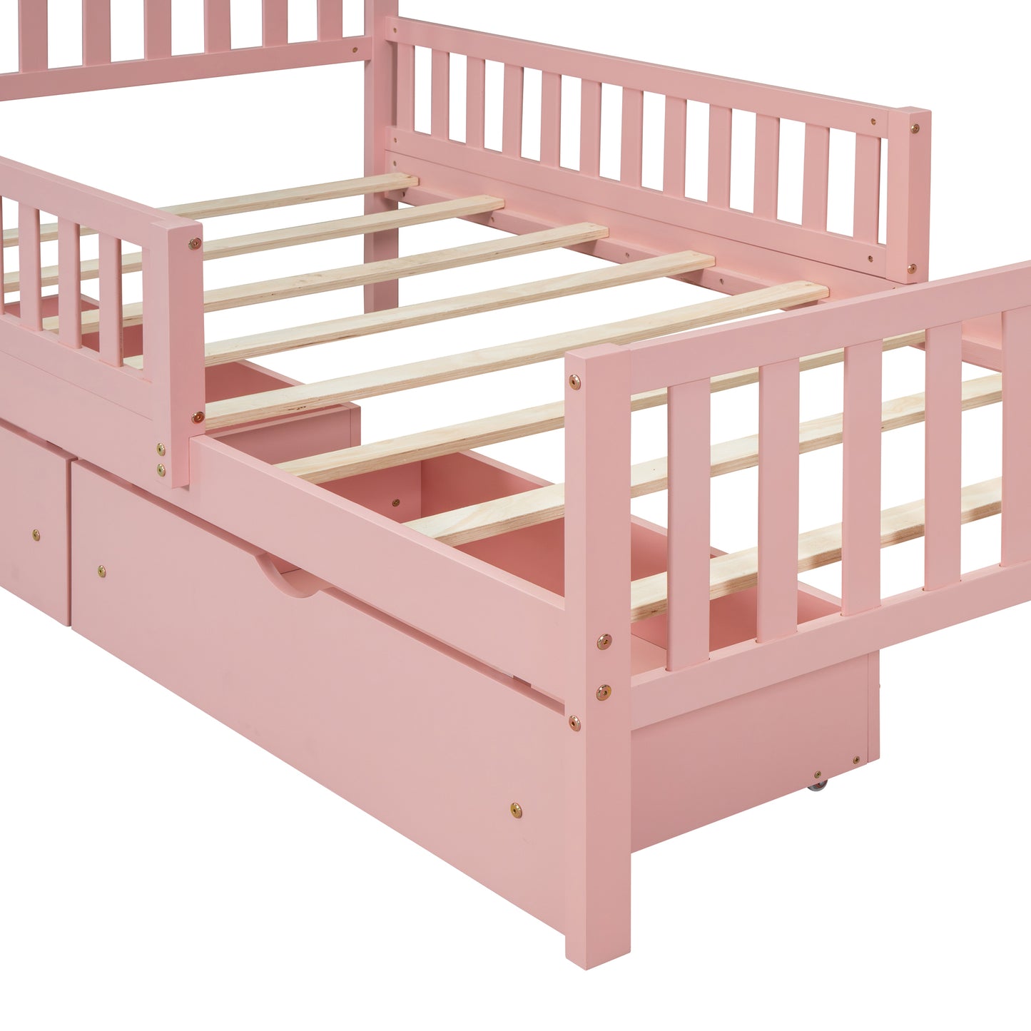 Twin Size Pink Wooden Platform Bed with Safety Guardrails and Dual Storage Drawers