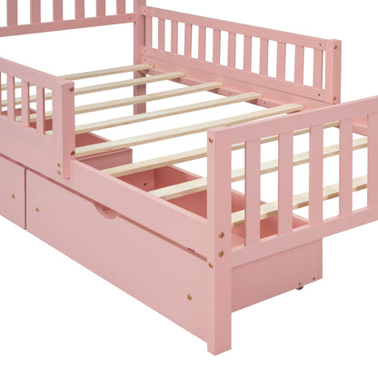 Twin Size Pink Wooden Platform Bed with Safety Guardrails and Dual Storage Drawers