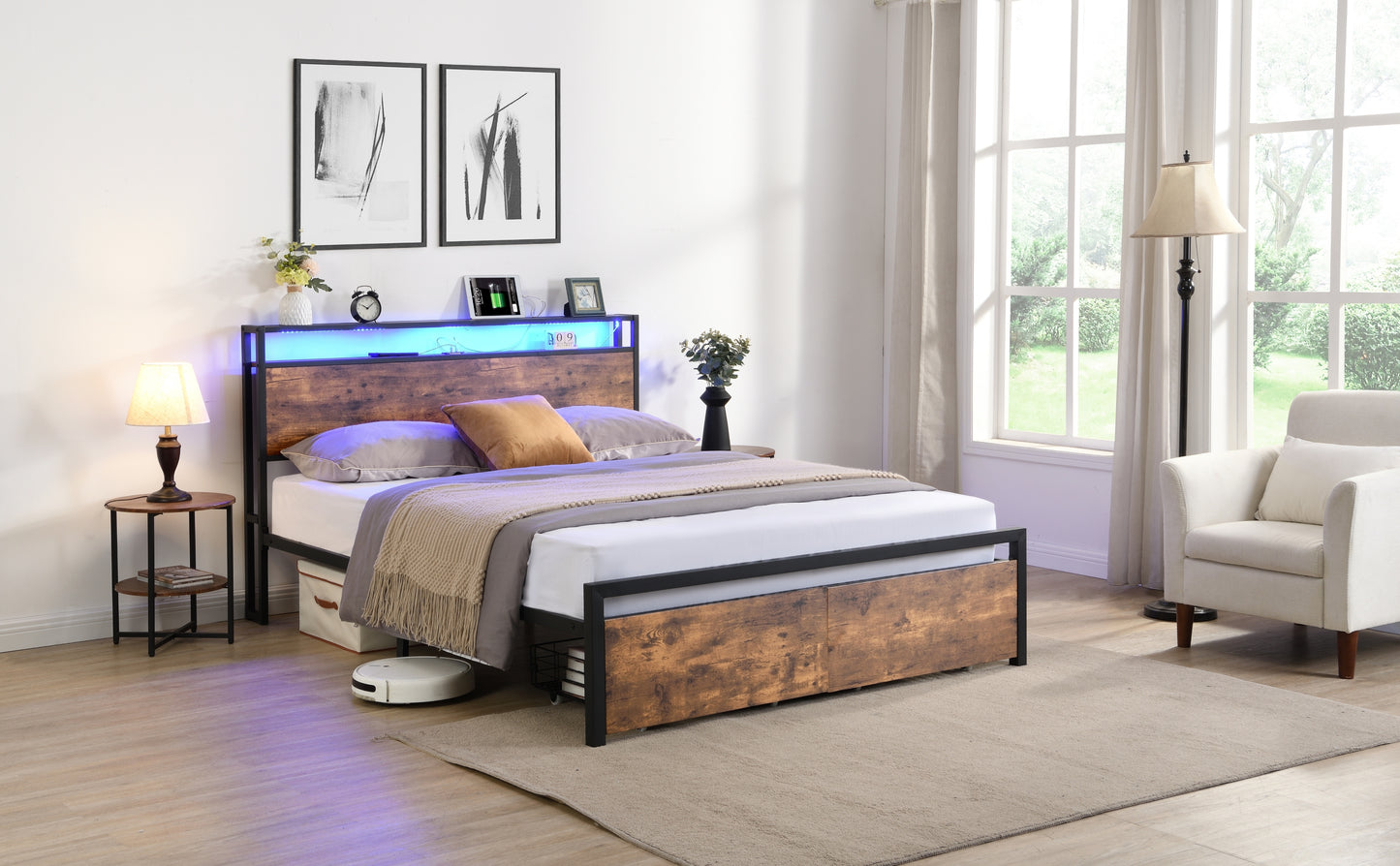 Modern Queen Bed Frame with LED Headboard, Integrated Charging Station & Storage Drawers – Sturdy Metal Platform, No Box Spring Required