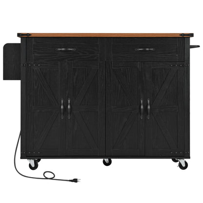Rolling Farmhouse Kitchen Island with Power Outlet, Drop Leaf Design, Ample Storage, and Spice Rack - Black
