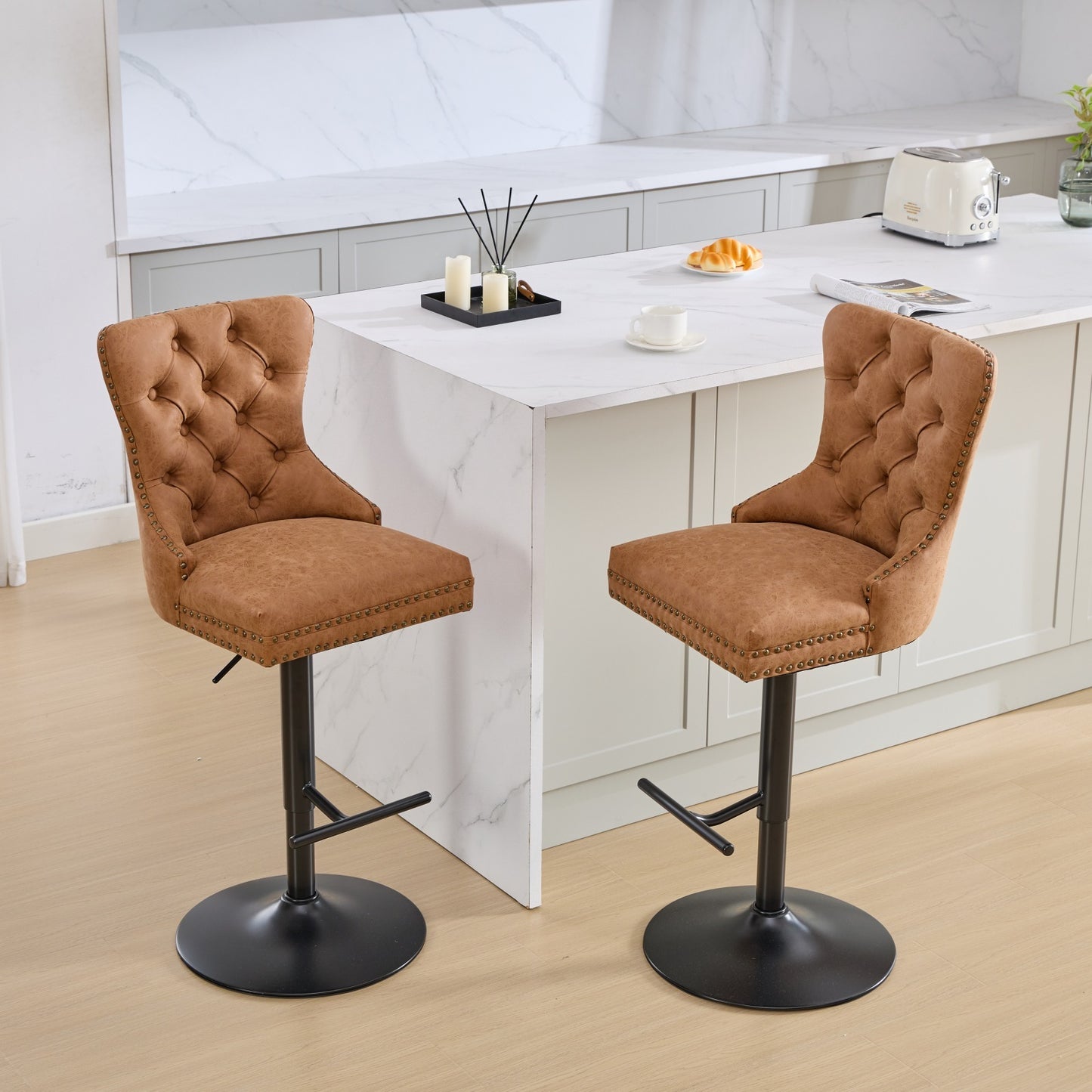Orange Aged Retro PU Swivel Bar Stools Tufted Back