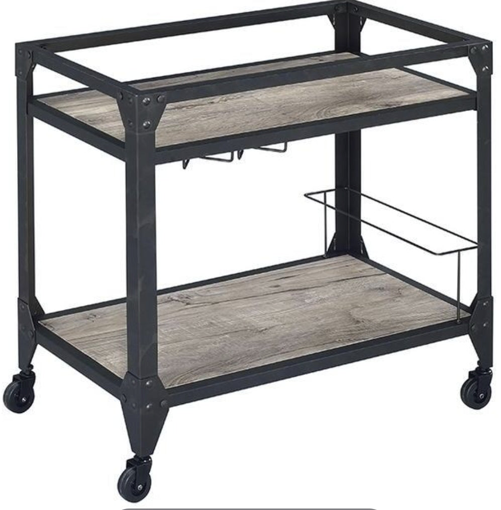 Industrial Rustic Oak Charcoal Serving Cart With Wine Rack