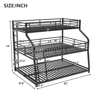 Metal Triple Bunk Bed in Black for Twin XL, Full XL, and Queen Sizes with Dual Ladders and Full-Length Guardrails