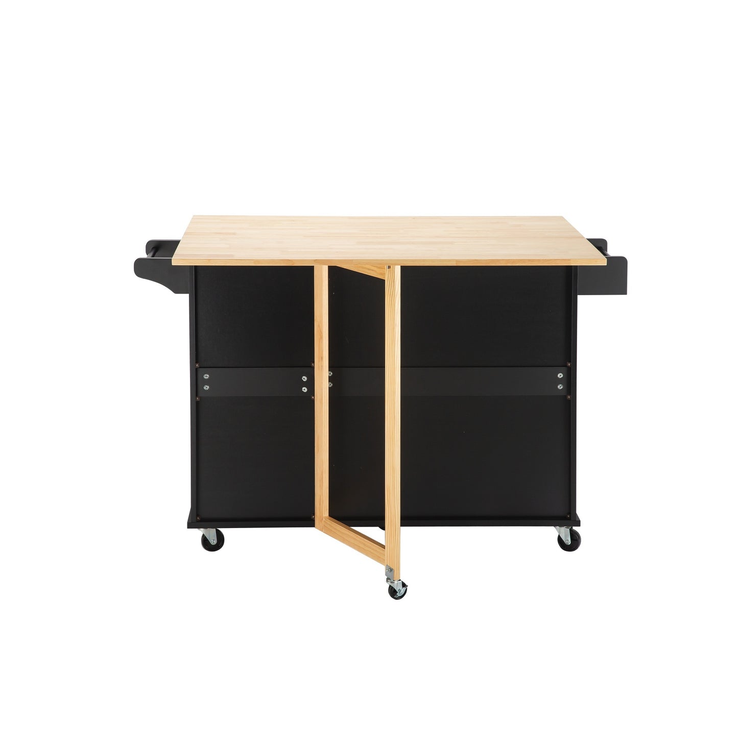 Mobile Kitchen Island with Rubber Wood Top, Adjustable Shelves & Spice Rack - Black-Beech Finish