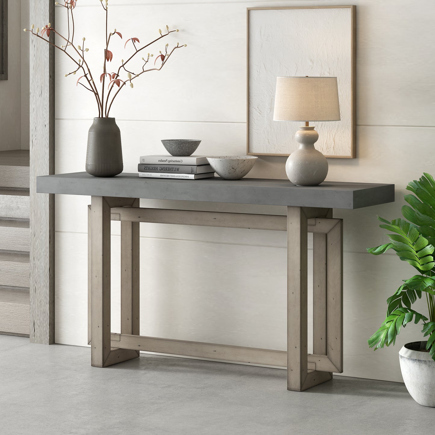 59.1-Inch Console Table with Pine Veneer over MDF, Solid Pine Legs, Triple-Rectangle Design, Hallway Gray
