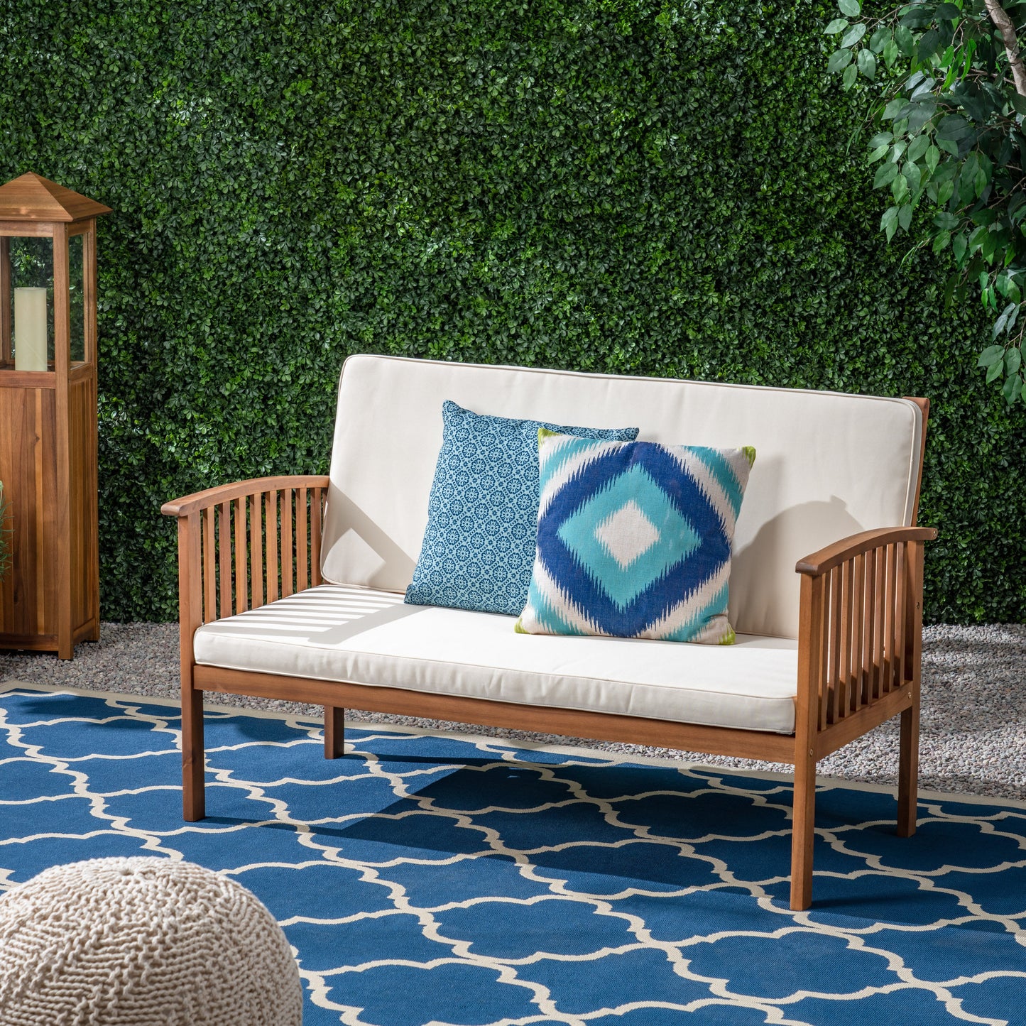 Acacia Wood Outdoor Love Seat With Waterproof Fabric Cushions For Patio 53.25 Inch Long 27.5 Inch Wide Cream