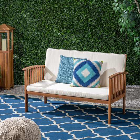 Acacia Wood Outdoor Love Seat With Waterproof Fabric Cushions For Patio 53.25 Inch Long 27.5 Inch Wide Cream