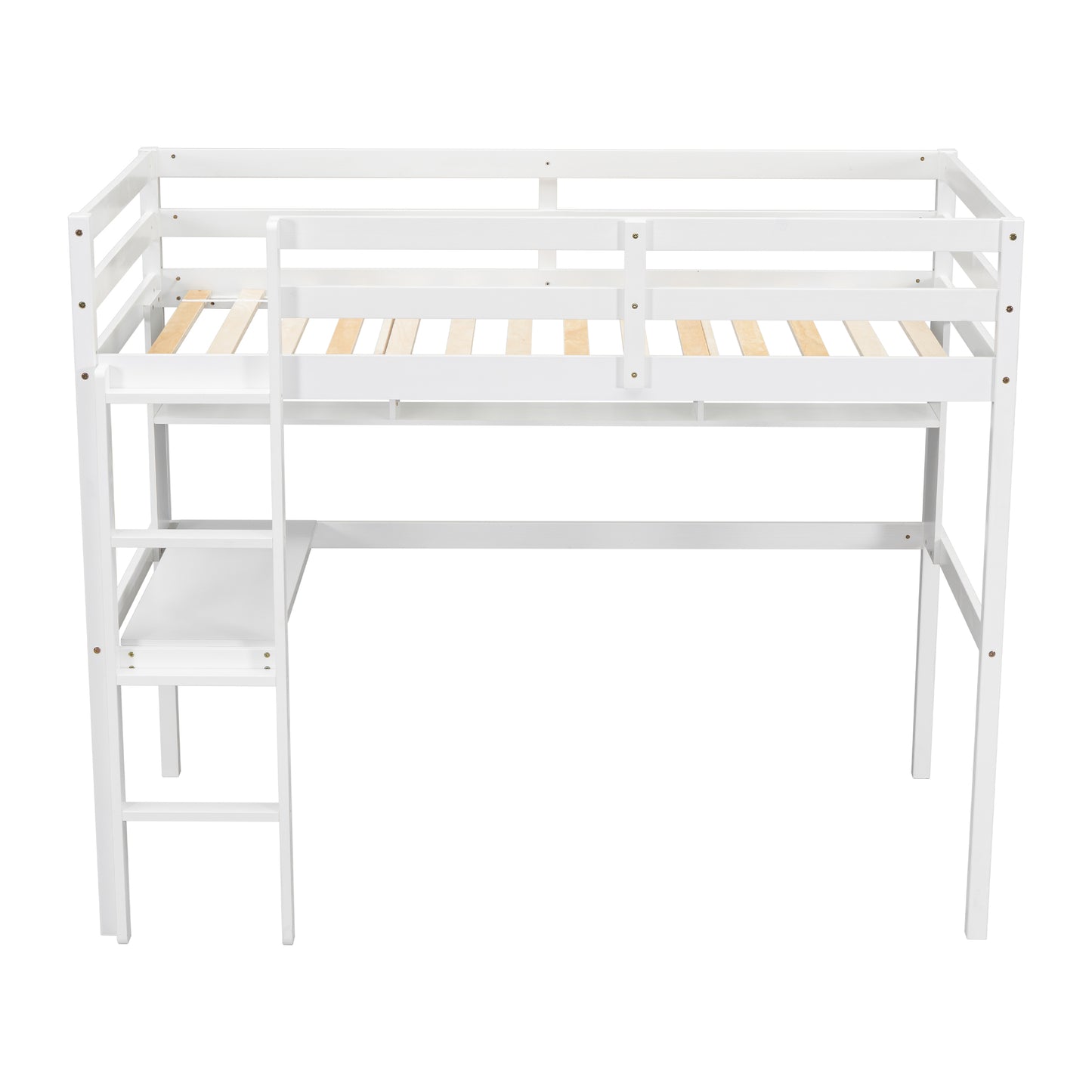 Twin Loft Bed with Integrated Desk and Shelves, Safety Guardrails, and Ladder in White