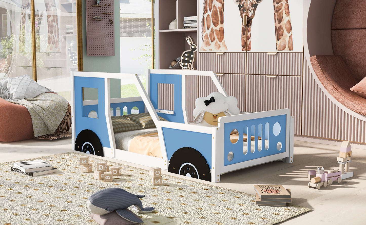 Blue Twin Size Car-Themed Platform Bed with Wheels