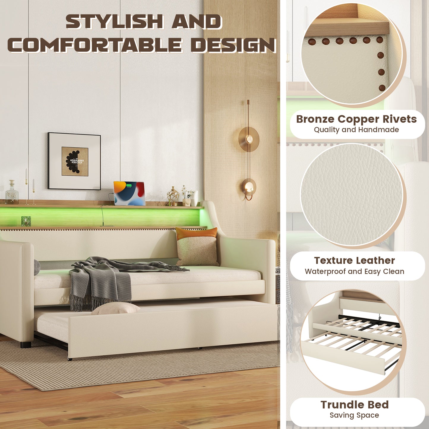 Beige Twin Size Upholstered Daybed with Trundle, USB Charging Station & LED Lighting