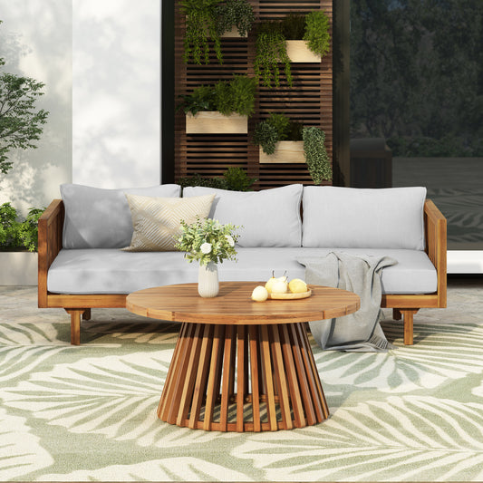 Outdoor Acacia Wood Patio Furniture Set With 3 Seater Daybed And Round Coffee Table, Water Resistant Cushions Light Gray