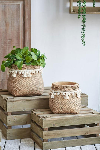 Set of 2 Cement Planters, 6.5x6.5x6 Inches, Woven Tassel Accent, Boho Rustic for Small Plants, Brown