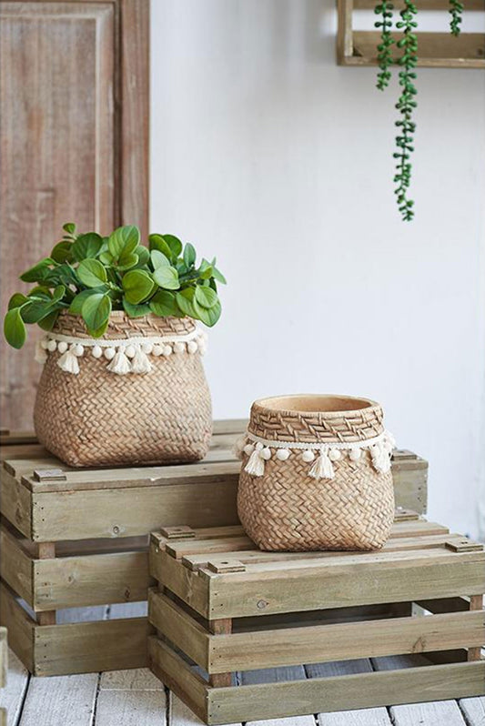 Set of 2 Cement Planters, 6.5x6.5x6 Inches, Woven Tassel Accent, Boho Rustic for Small Plants, Brown