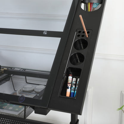 Adjustable Hand Crank Drafting Table with Stool and Metal Drawers (Black)