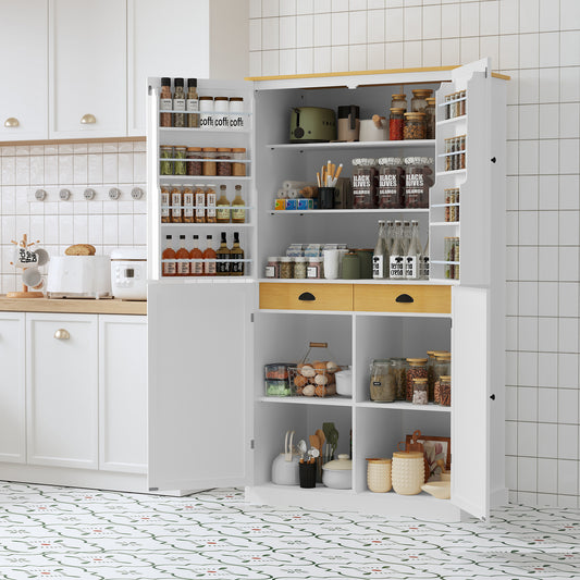 Elegant White Freestanding Kitchen Pantry with Adjustable Shelves and Built-in Drawers - 40.2x20x71.3 inches