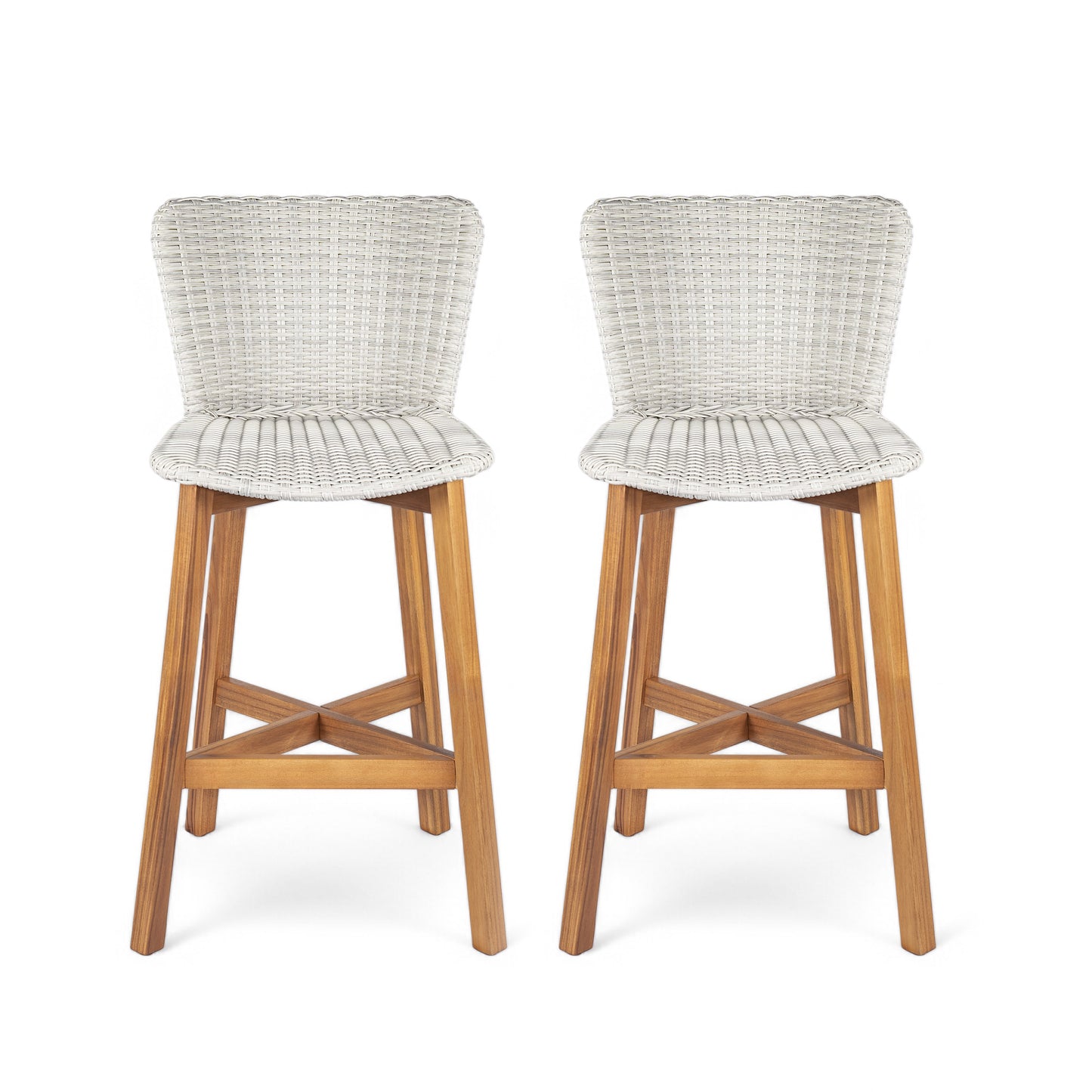 Outdoor Bar Stool Set Of 2 For Patio Teak Finished Acacia Wood With Durable Wicker Seating Light Grey