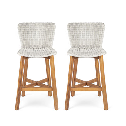 Outdoor Bar Stool Set Of 2 For Patio Teak Finished Acacia Wood With Durable Wicker Seating Light Grey