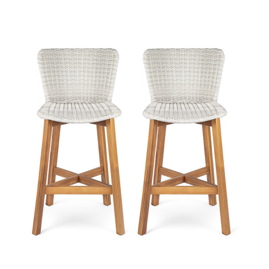 Outdoor Bar Stool Set Of 2 For Patio Teak Finished Acacia Wood With Durable Wicker Seating Light Grey