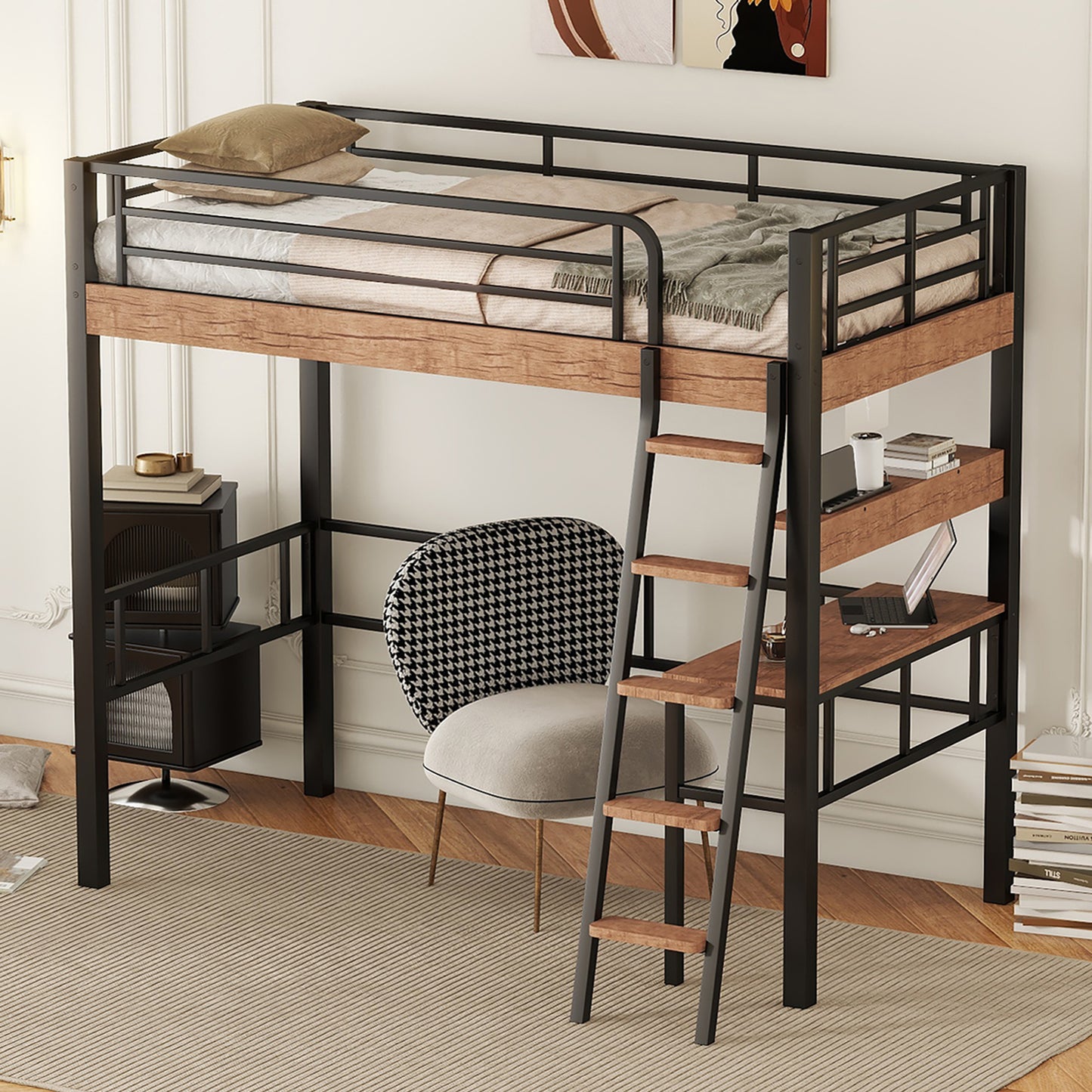 Black Metal Twin Loft Bed with Integrated Desk, Storage Shelf, and Ladder
