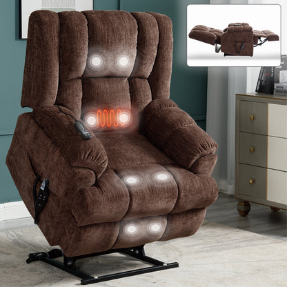 Dual-Motor Power Lift Recliner with Massage and Heat, Infinite Position, 350-lb Capacity, Remote Chenille Brown