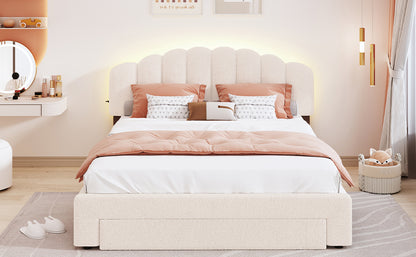 Beige Teddy Fleece Queen Upholstered Platform Bed with Storage Drawer