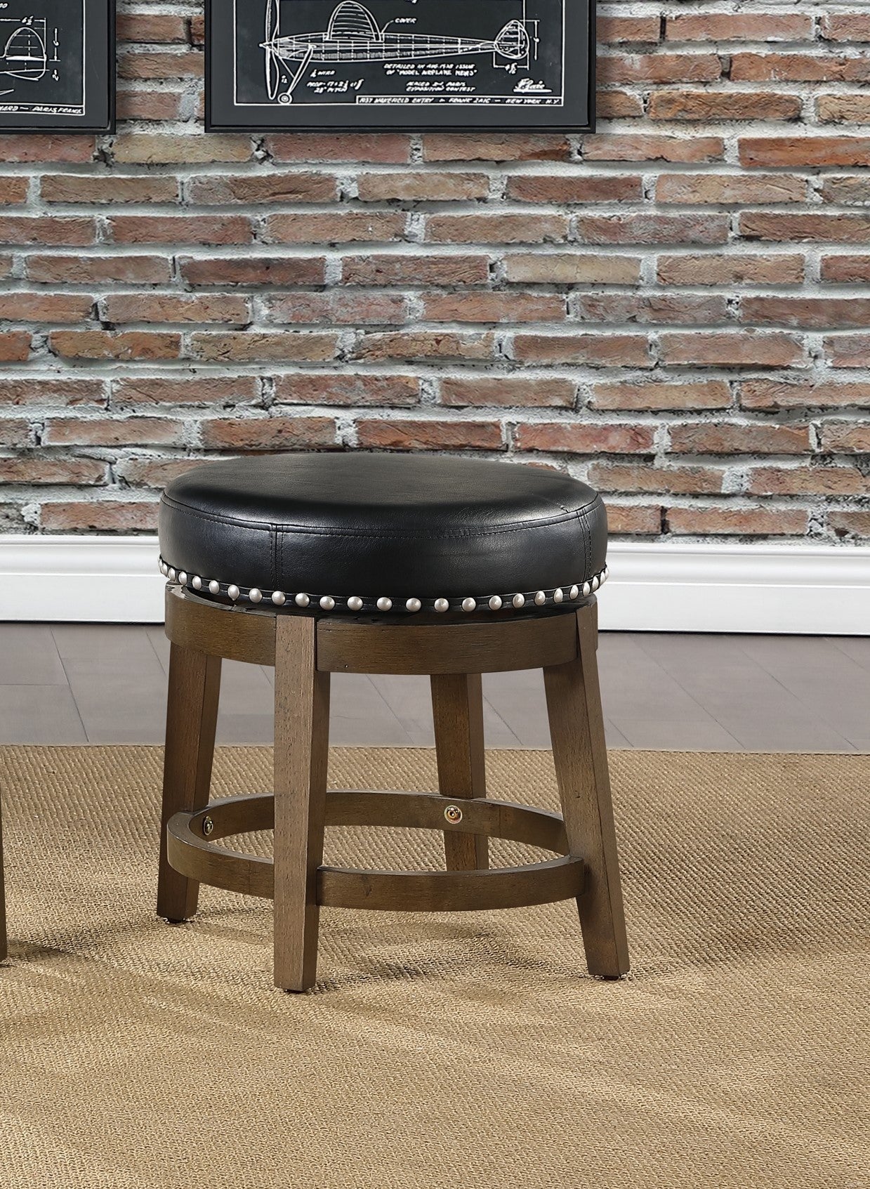 Round Swivel Stool Set of 2, Black Faux Leather 360-degree Swivel Seat Nailhead Trim Solid Wood Frame Brown Finish Transitional Style Furniture