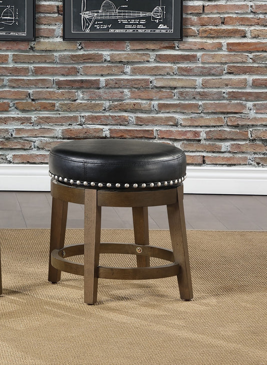 Round Swivel Stool Set of 2, Black Faux Leather 360-degree Swivel Seat Nailhead Trim Solid Wood Frame Brown Finish Transitional Style Furniture
