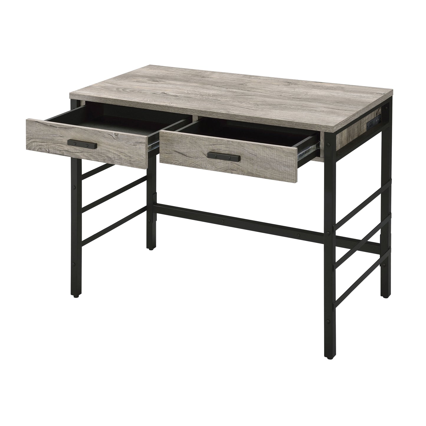 Modern Black and Weathered Oak Office Writing Desk with USB Ports and Drawers