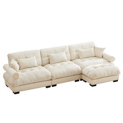 Oversized modular velvet sectional with movable ottoman, deep cushions, flexible configurations Cream