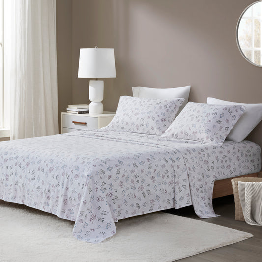 4-Piece King Flannel Sheet Set, 100% Cotton, Tossed Botanical Print, Machine Washable, White + Multi