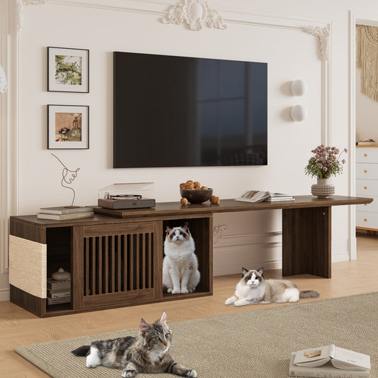 Extendable 2-in-1 Cat TV Stand with Litter Box Enclosure and Scratcher, 78-110-Inch, MDF Walnut